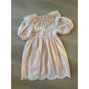 Vintage 90s Paper White Girls Size 6 Butterfly Lace Peter Pan Collar Pink Dress